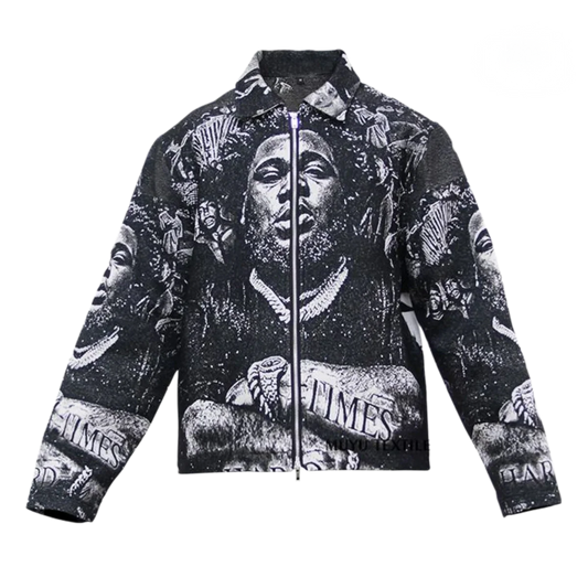 Black & White Woven Tapestry Zip Jacket