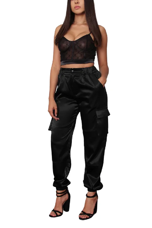 TIC TOC - Stretch Satin Cargo Pants Elegant High-Waist Pants