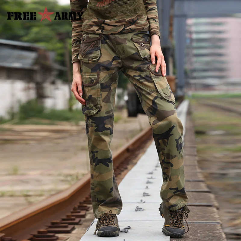 Free Army Brand Women's Camouflage Pants Pockets Cotton Casual Loose Full Length Cargo Women Pants Winter Outer Wear GK-918 Elegant Dress Pants