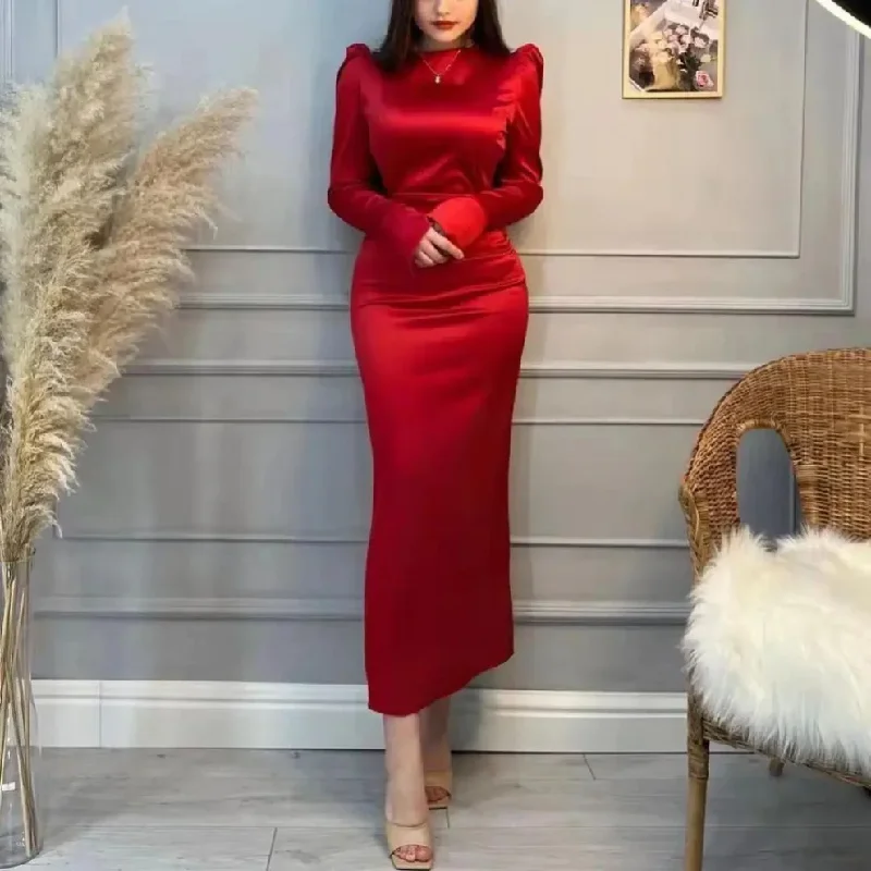 Red Modest Satin Long Sleeves Simple Classy Evening Dress, DP2227