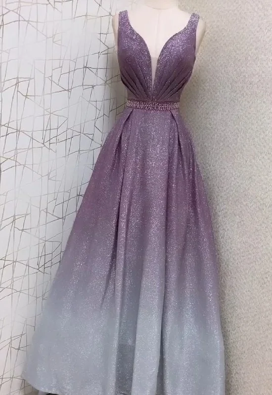 Glitter Ombre V Neck Prom Dress,Senior Prom Gown cc1039