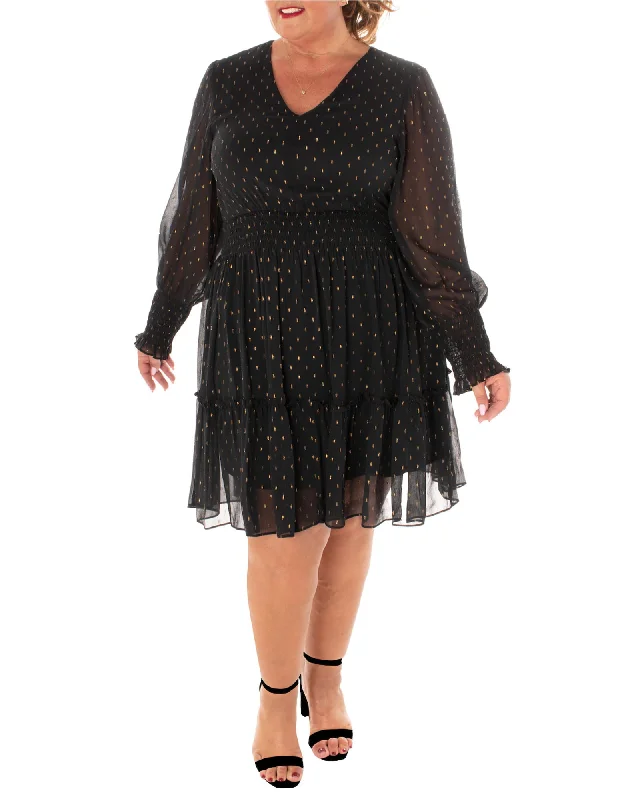 CLIP DOT CHIFFON YORYU W/ LUREX  / SILKY DENIER FULLY LINED DRESS | BLACK/GOLD