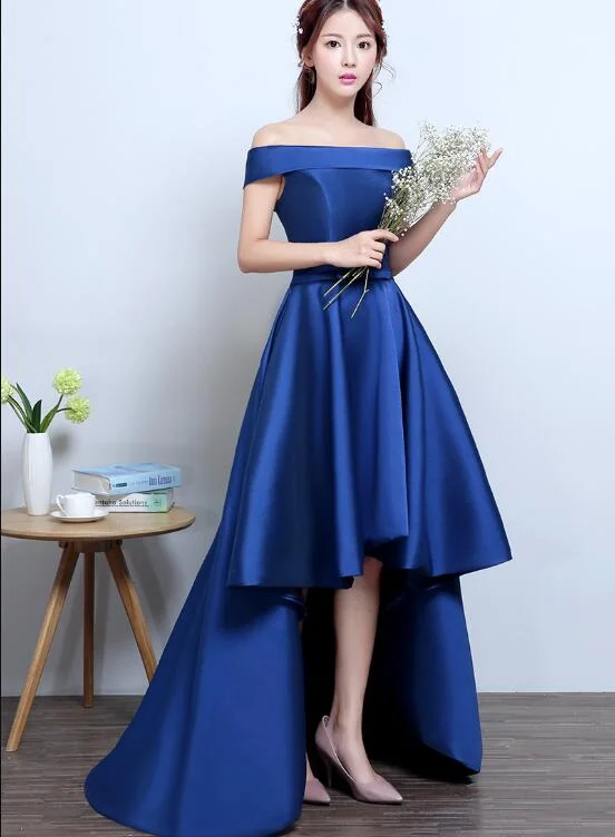 Blue High Low Homecoming Dress, Simple Satin Lace-up Formal Dress