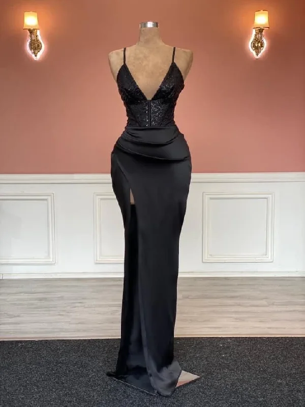 Sheath/Column Black Spaghetti Straps V Neck Prom Dress cc1314