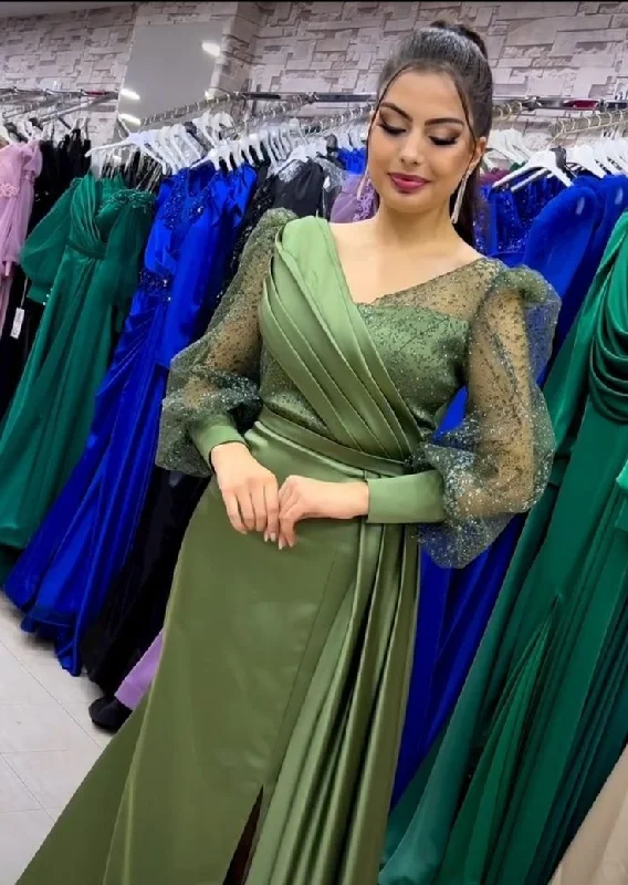 Modest Green Long Sleeves Prom Dress,Fashion Prom Gown  cc1315