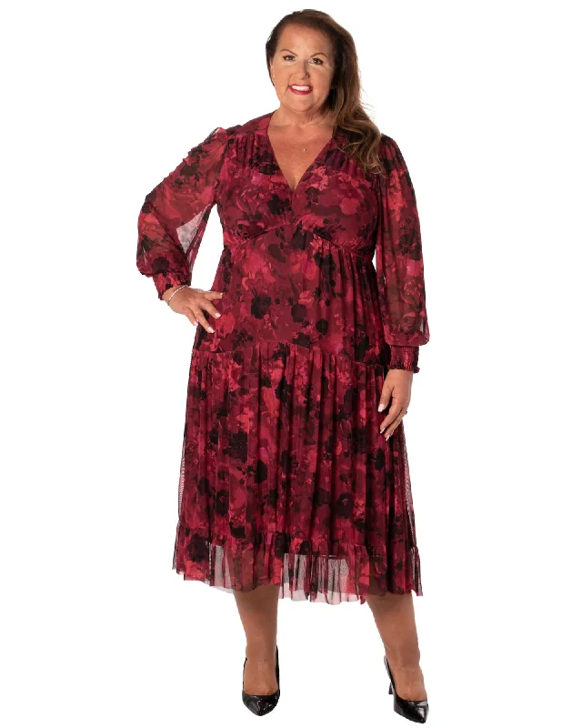 PRINTED VICTORIA MESH FULLY LINED DRESS  WITH SMOCKING | RED/RASPBERRY/BLACK