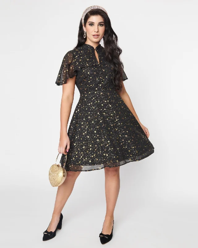 Unique Vintage Black & Gold Star Capulet Fit & Flare Dress | Black & Gold Star