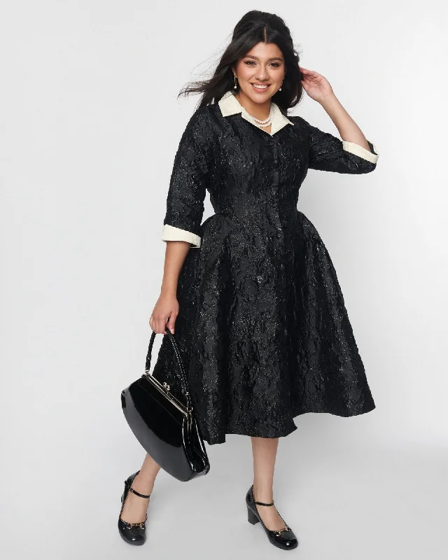 Unique Vintage Black Brocade Swing Dress | Black