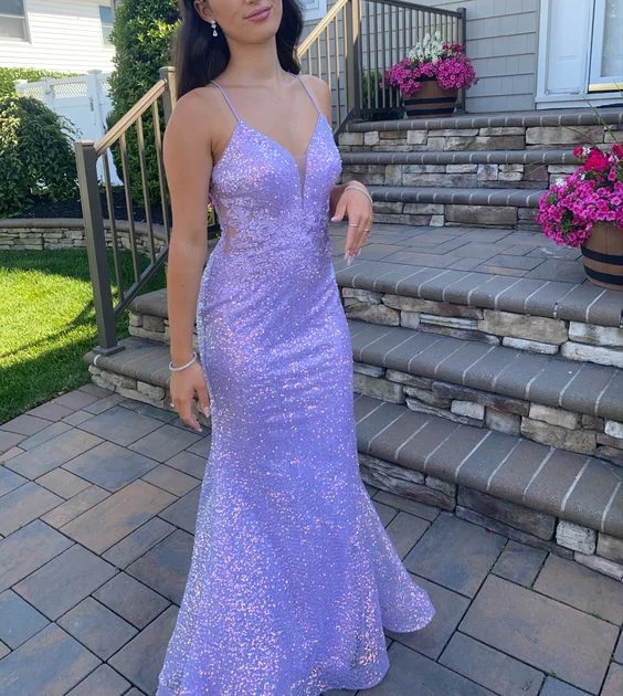 Shiny Purple Spaghetti Straps Mermaid Long Prom Dress cc1026