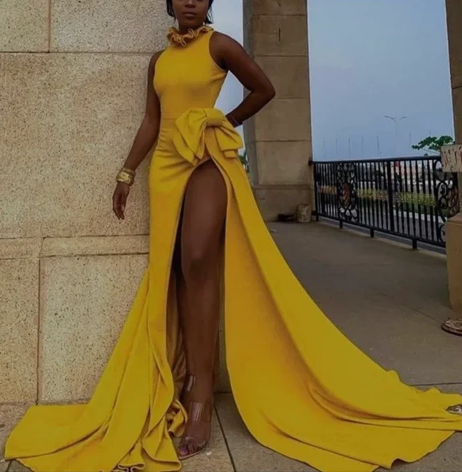 Long Yellow Prom dress with leg split, Evening dresses,wedding reception dress,african prom dress S927 Long Yellow Prom dress with leg split, Evening dresses,wedding reception dress,african prom dress S927