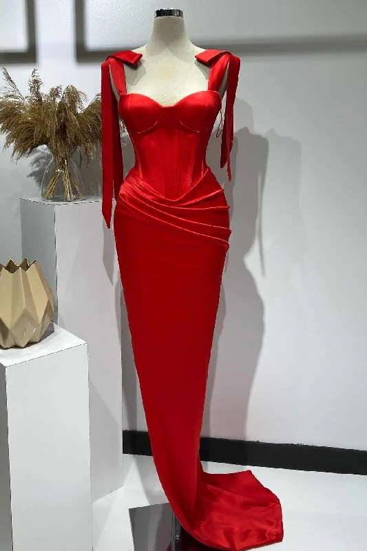 Simple Red Straps Pleated Satin Long Prom Formal Dress with Slit