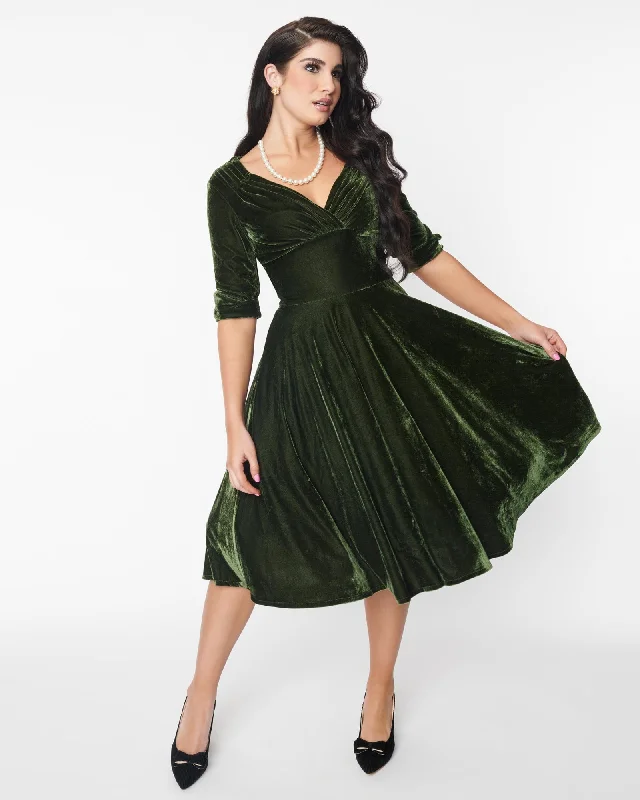 Unique Vintage Olive Green Velvet Delores Swing Dress | Olive Green