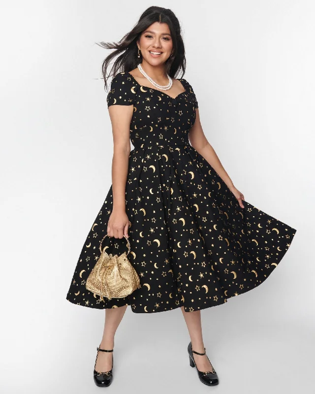 Unique Vintage Black & Gold Moon & Stars Midge Swing Dress | Black & Gold Stars & Moons