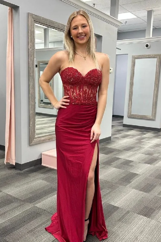 Wine Red Strapless Mermaid Appliques Long Prom Dress with Slit cc993