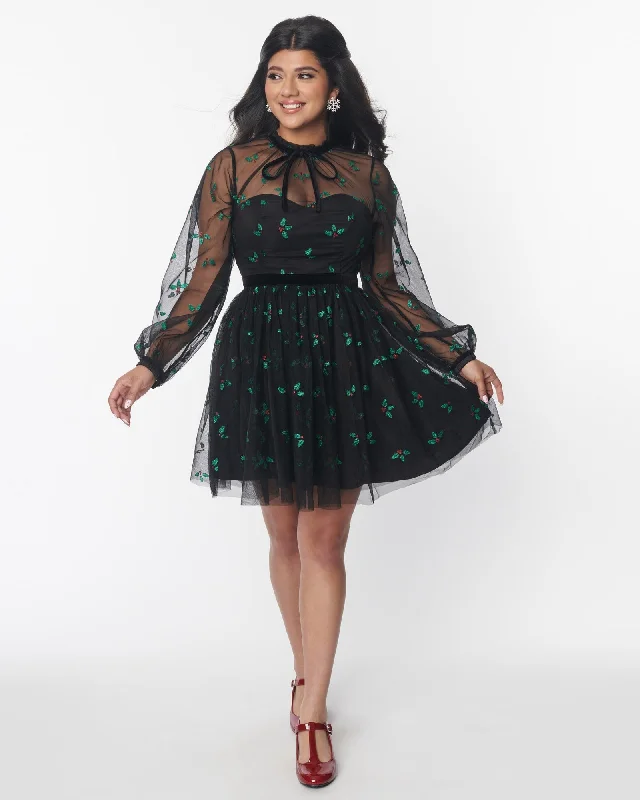 Unique Vintage Black & Glitter Mistletoe Flare Dress | Black Glitter Mistletoe