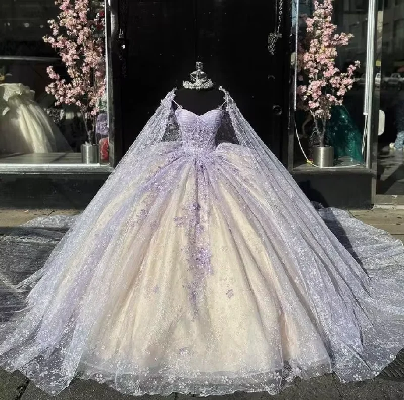 Light Lilac Quinceanera Dressess with Cape Butterfly Applique Sweet 16 Ball Gown, DP2397 Light Lilac Quinceanera Dressess with Cape Butterfly Applique Sweet 16 Ball Gown, DP2397