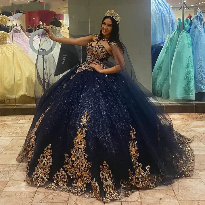 Navy Quincenara Dress Flowers Applique Lace Ball Gown With Cape Sweet 16 Dress, DP2395 Navy Quincenara Dress Flowers Applique Lace Ball Gown With Cape Sweet 16 Dress, DP2395