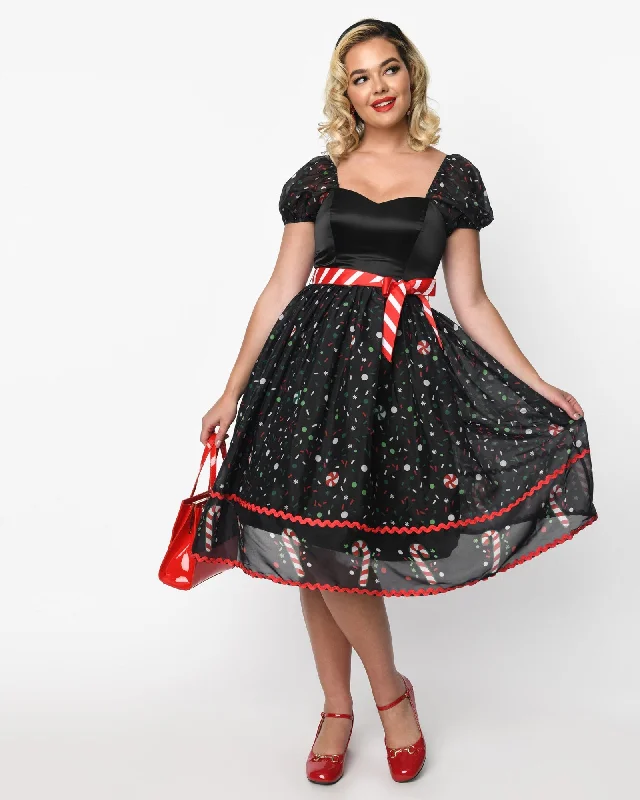 Unique Vintage Black Candy Cane Sprinkles Swing Dress | Black Candy Cane Sprinkles