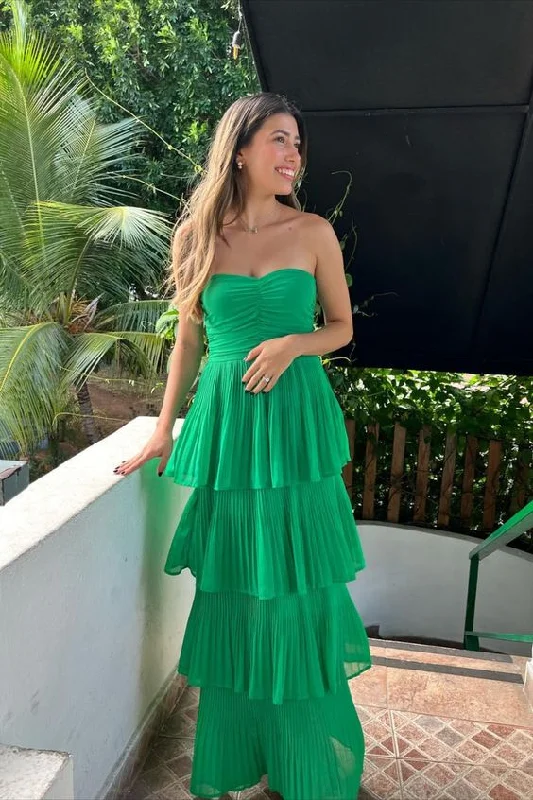 strapless green chiffon A-line tiered ruffles long prom dress  cc1357