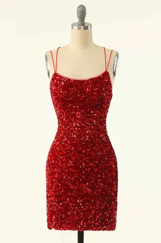Red Sequin Lace-Up Bodycon Mini Homecoming Dress