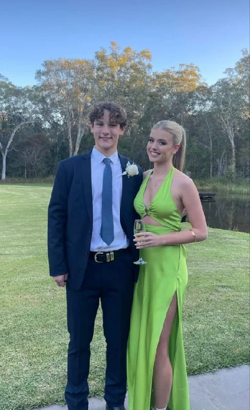 Sexy Green Halter Neckline Prom Dress With Split,Senior Prom Gown  cc1245
