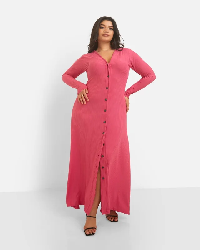 Devoted Ribbed Button Front Maxi A Line Dress | Fuchsia