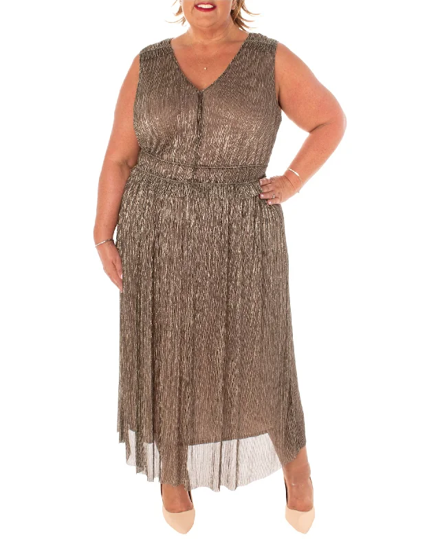 CRINKLE  METALLIC CHIFFON / SILKY DENIER FULLY LINED DRESS | BLACK/GOLD/SILVER