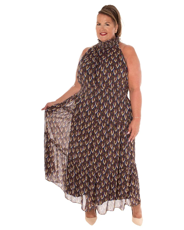 PRINTED SERENA FULLY LINED DRESS WITH SMOCKING | NAVY/VIOLET