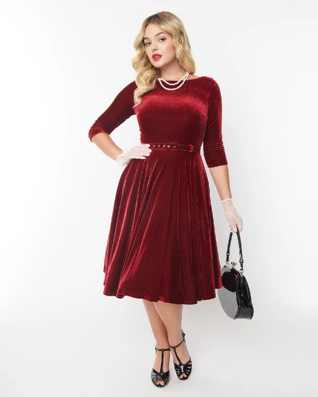 Unique Vintage Burgundy Velvet Devon Swing Dress | Burgundy Velvet
