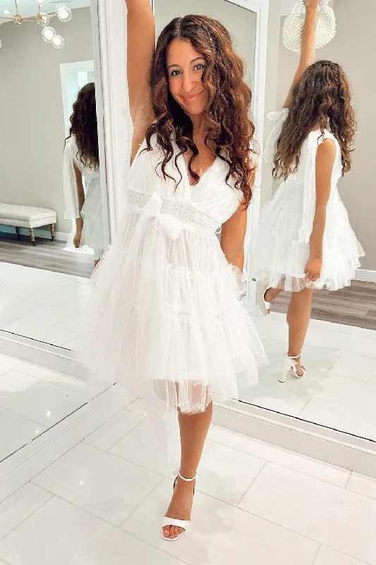 White V Neck Beaded Multi-Layers Bow Tie A-line Homecoming Dress