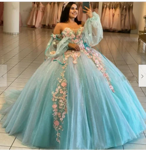 Blue Ball Gown Quinceanera Dresses Off Shoulder Long Sleeve Corset Sweep Train C1915 Blue Ball Gown Quinceanera Dresses Off Shoulder Long Sleeve Corset Sweep Train C1915