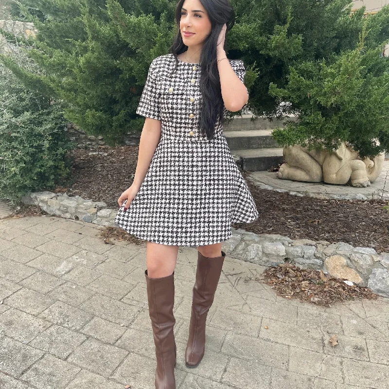 Classic Charm Tweed Button Detail Knit Dress