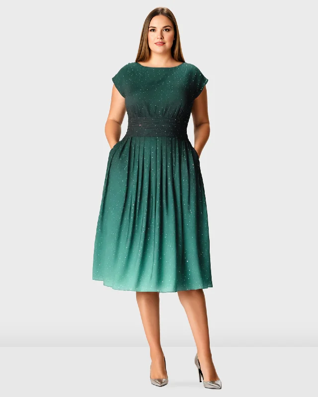 Ombre star print crepe pleated empire dress | Deep green