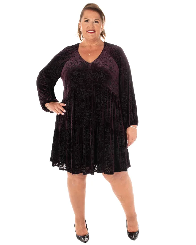 VELVET BURNOUT  / SILKY DENIER FULLY LINED DRESS | FIG/BLACK