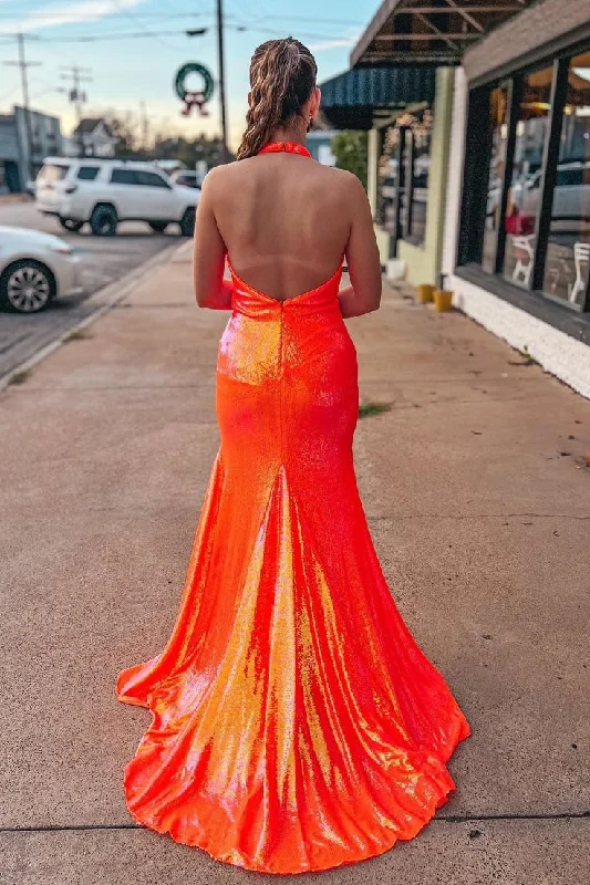 Orange Mermaid Halter Sequins Backless Long Prom Dress cc1012