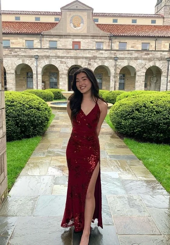 Classy Burgundy V Neck Prom Dress With Split   cc1126