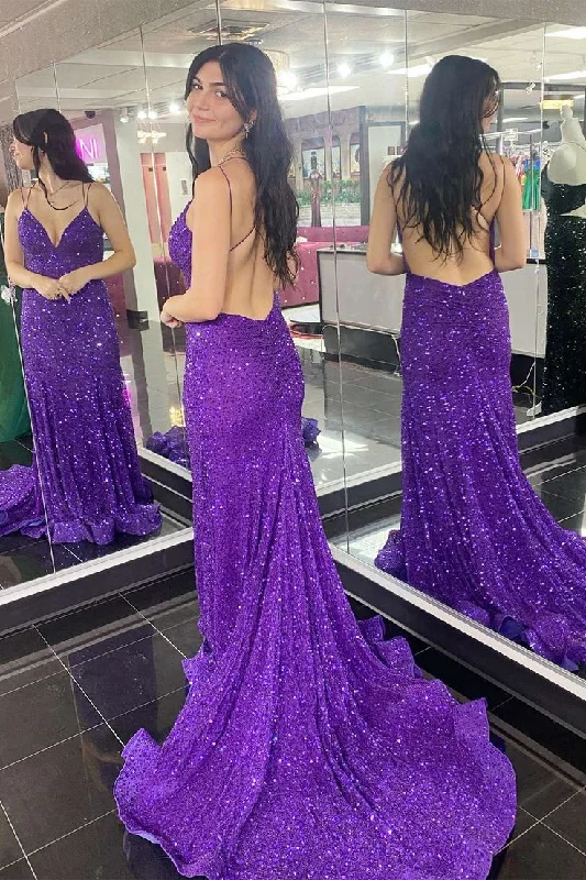 Purple Sequin V-Neck Open Back Mermaid Long Formal Dress  cc1019