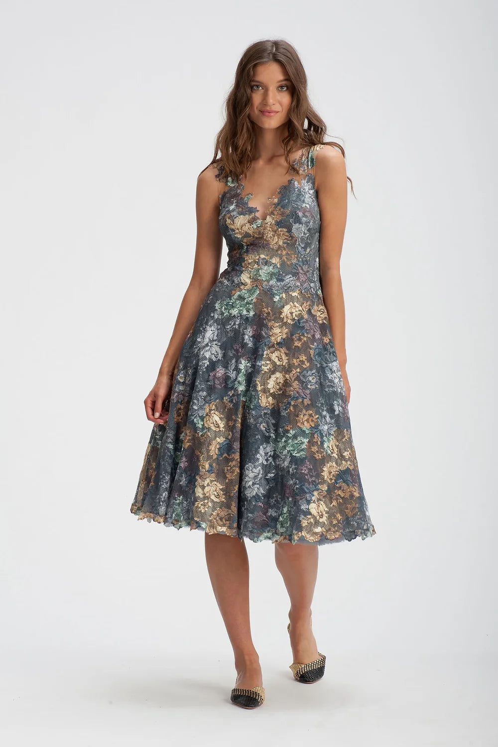 Floral Lace Tea Length Dress - Hazel Ash