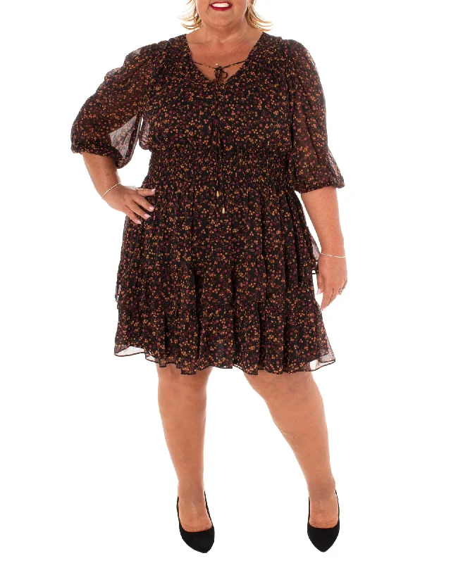 PRINTED SERENA FULLY LINED DRESS W/TIE FRONT DETAIL & SMOCKING | BLACK/MARIGOLD