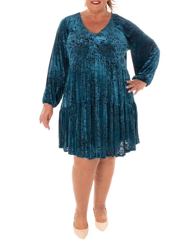 VELVET BURNOUT  / SILKY DENIER FULLY LINED DRESS | AEGEAN BLAC