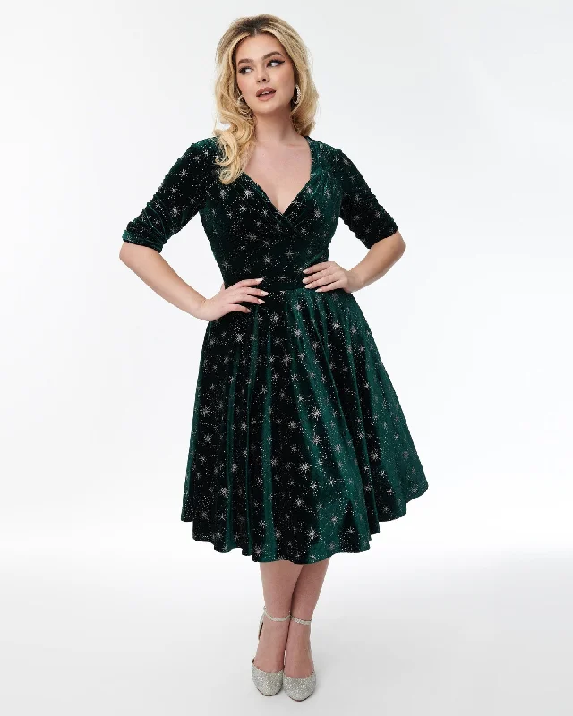 Unique Vintage Emerald Velvet & Starburst Delores Swing Dress | Emerald Velvet & Starburst
