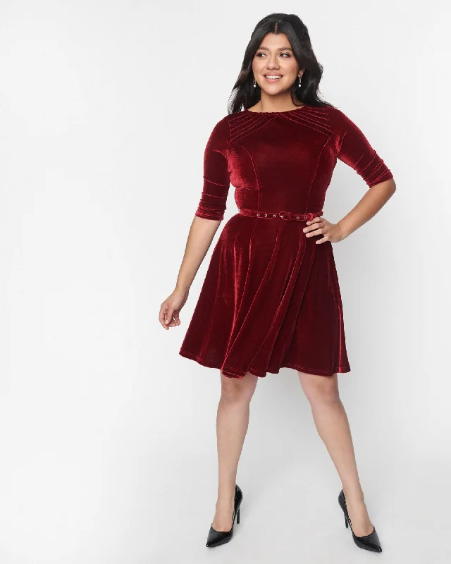 Unique Vintage Burgundy Velvet Stephanie Fit & Flare Dress | Burgundy Velvet