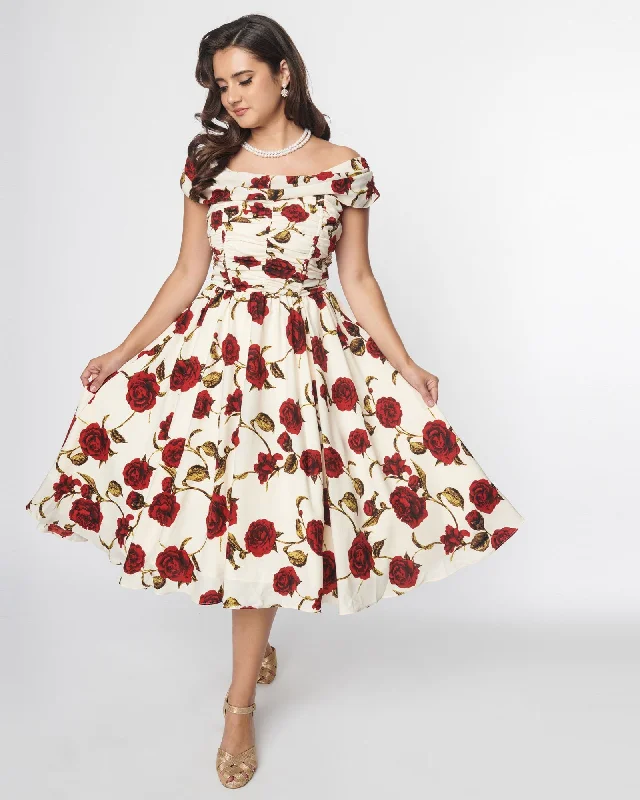 Unique Vintage White & Red Roses Off The Shoulder Tea Length Dress | White & Red Roses