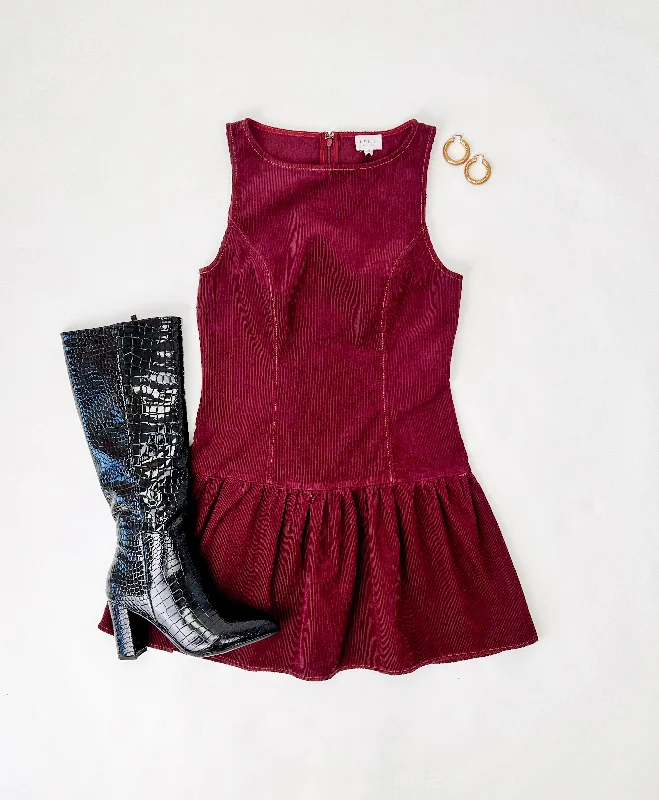 I TOLD YOU SO WINE CORDUROY RUFFLE HEM DRESS