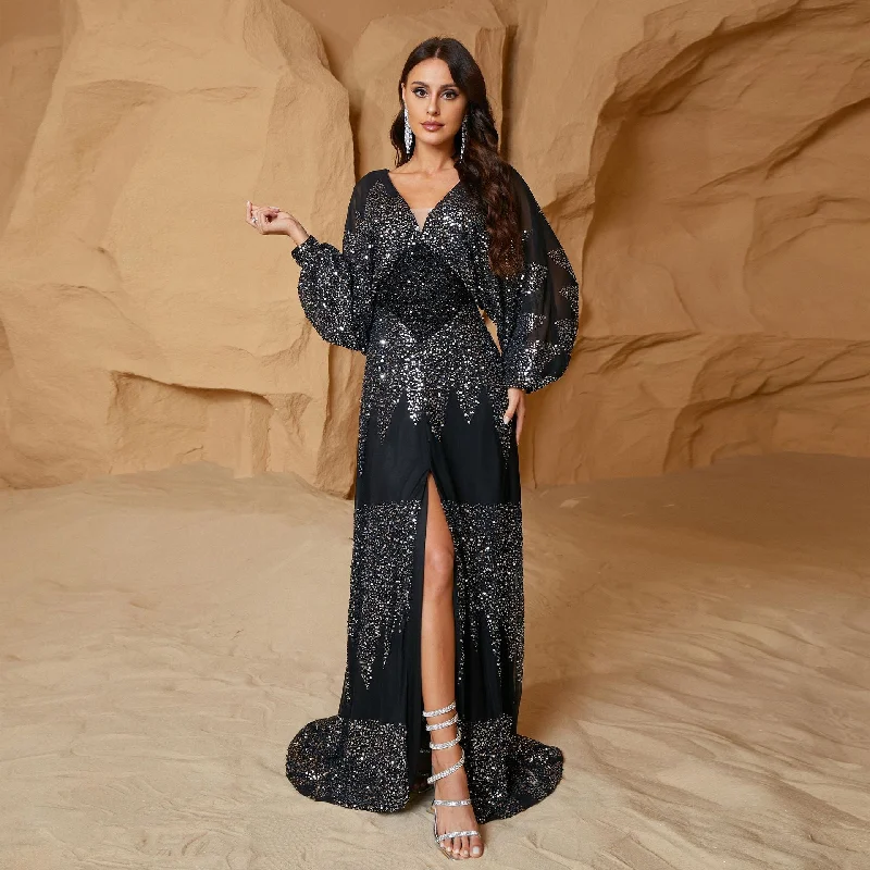 Women's Long Sleeve Chiffon V-Neck Slit Waist Sequin Dress