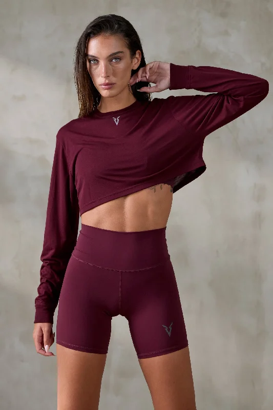 V_SYLK BOXY LONG SLEEVE T-SHIRT - Burgundy Silk Blend Satin Velvet