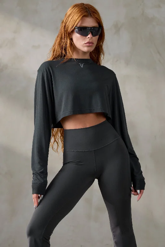 V_SYLK BOXY LONG SLEEVE T-SHIRT - Dark Gray Thin T-Shirt Open Front Quick Dry