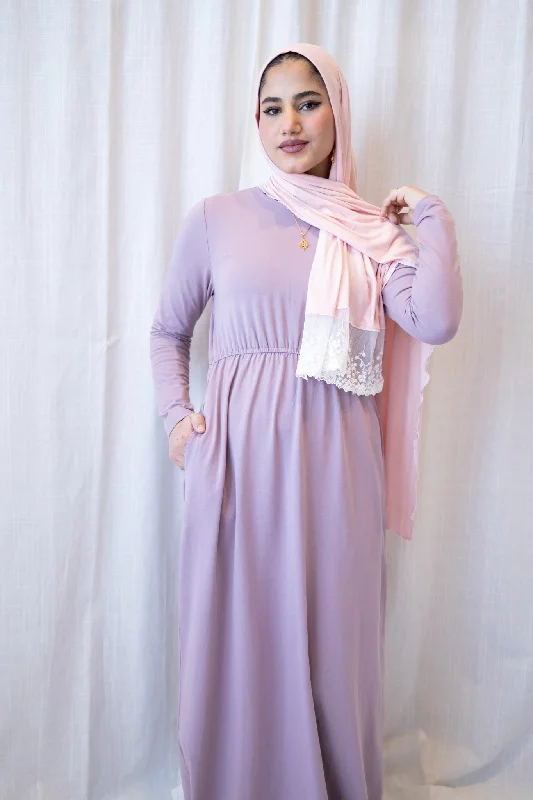 Basic Long Sleeve Maxi Dress - Lilac Purple Cozy Open-Back Maxi Dress