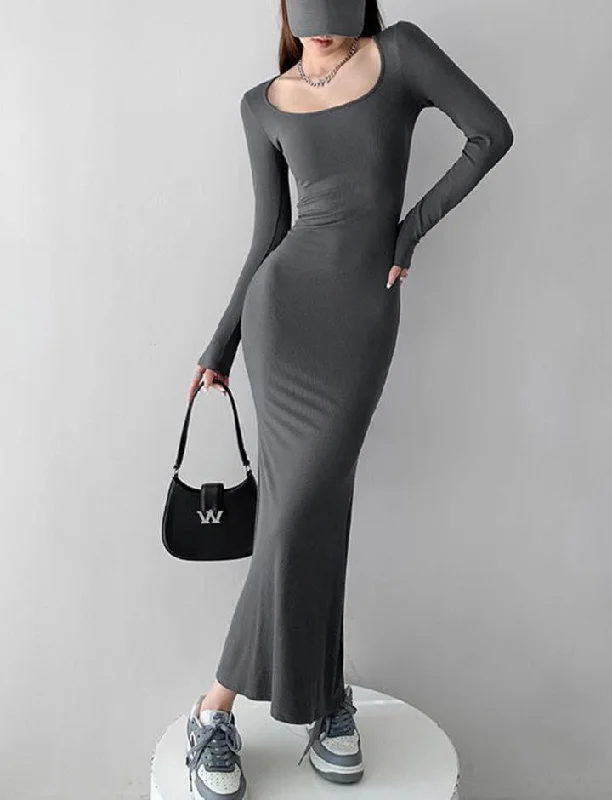 Basic Square Neck Slim Bodycon Prom Maxi Dress For Trendy V-Neck Maxi Dress