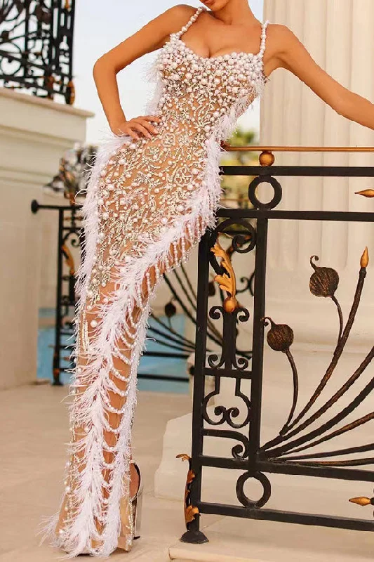 Beaded & Feather Decor Floral Embroidery Luxe Maxi Dress Trendy Maxi Dress with Bow